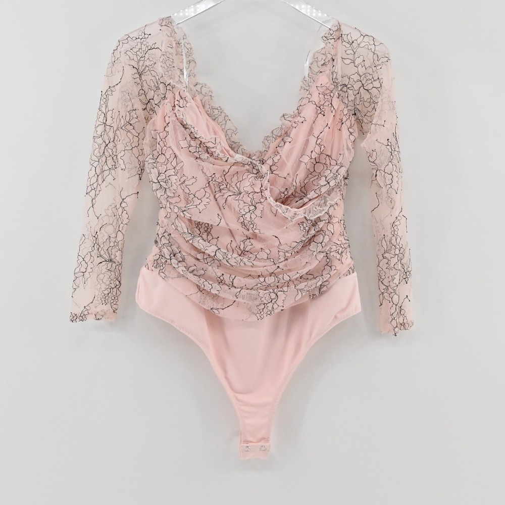 Lovers Friends Etty Bodysuit Womens Size XL Pink OTS Lace Ruched Long Sleeve